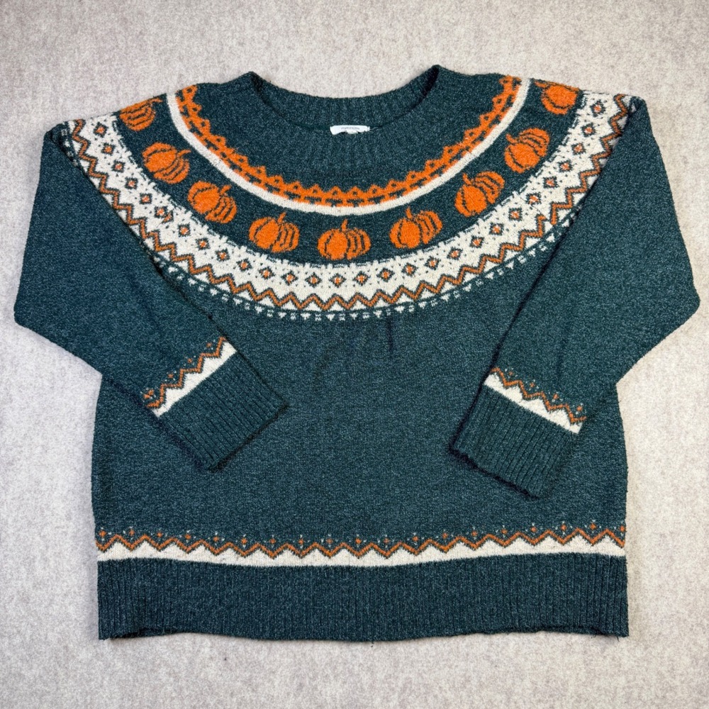 Maurices Womens 0X Green Pumpkin Fair Isle Knit Sweater Fall Pullover